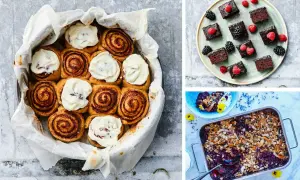 Kanelbullar med glasyr, chokladbitar med bär och en blåbärscrumble. Inspiration för vad man kan baka utan smör.