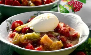 En skål med rabarberkompott och kardemumma, toppad med en kula vaniljglass. En härlig sommardessert.