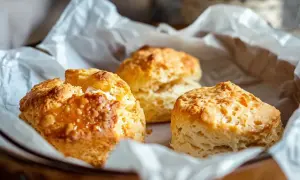 Tre gyllene scones i en korg, bakade till perfektion i en stekpanna. Ljuvligt fluffiga och redo att avnjutas.