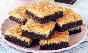 Enkla bakverk med chokladbotten och kokostäcke på en rosa tallrik. Perfekt för fikat!
