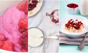 Tre bilder visar fil yoghurt med bär och flingor. En rosa fil yoghurt med hallon, en skål med fil yoghurt och bär, samt en skål med gröt, fil yoghurt, hallon och kokosflingor.