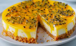 En krämig cheesecake med passionsfrukt som toppning, en härlig dessert för alla som älskar passionsfrukt.