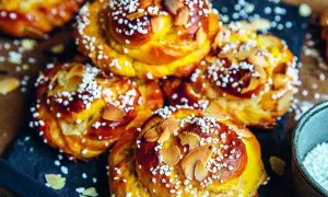 Gyllene bullar med mandelmassa, toppade med pärlsocker och mandelspån. Perfekta till fikat!