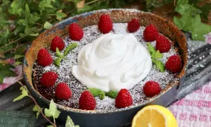 Chokladpaj med hallon och fluffig vegansk filmjölk, pudrad med florsocker. En citronskiva ligger bredvid.