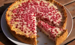 En saftig paj med röda vinbär och en krämig fyllning, perfekt att baka med creme fraiche. En bit är redan uppskuren.
