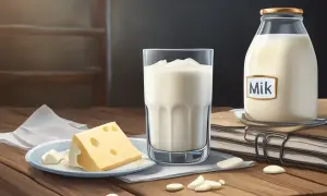 En glas filmjölk, en flaska mjölk och en bit ost på ett bord. Frågan "hur länge håller filmjölk" kan besvaras genom att titta på hållbarhetsdatumet.