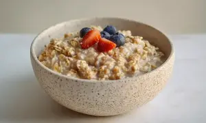 En skål med overnight oats recept, toppad med färska jordgubbar och blåbär. En perfekt start på dagen!
