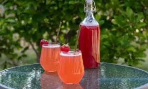 Två glas med rosa jordgubbssaft, garnerade med färska jordgubbar och sugrör, står på ett glasbord. En flaska med jordgubbssaft står bakom. Ett perfekt jordgubbssaft recept för sommaren.