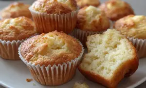 En tallrik med nybakade muffins, ett perfekt muffins recept. En muffin är uppäten och visar en fluffig insida.