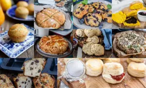 En härlig samling av scones och tillbehör, från klassiska blåbärsscones till ostiga varianter och söta muffins. Perfekt för fikat!