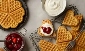 Hjärtformade belgiska våfflor med vispgrädde och sylt, redo att avnjutas.