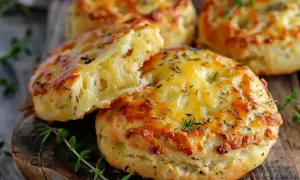 Saftiga scones utan smör, toppade med smält ost och örter. Perfekta för en mysig fika.