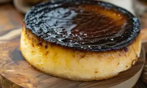En krämig basque cheesecake med karamelliserad yta, serverad på en träskärbräda.