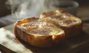 Två gyllene fattiga riddare ångar på en träbricka, strösslade med socker.