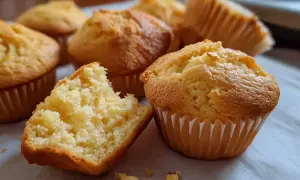 Nybakade, gyllene glutenfria muffins i pappersformar. En muffin är uppdelad och visar en fluffig insida.