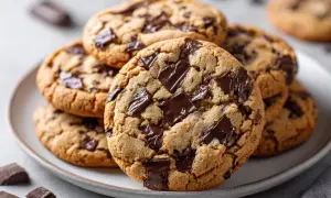 En hög med hembakade chocolate chip cookies, perfekta för ett enkelt recept.