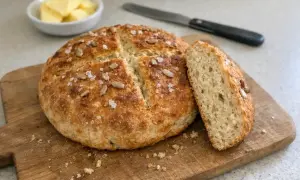 Nybakad, gyllene brödlimpa med solrosfrön och flingsalt, perfekt för frukost eller fika. Detta bröd är bakat utan jäsmedel.