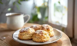 Färska scones med lite florsocker på, serverade på en tallrik bredvid en mjölkkanna med kaffe. En mysig fika.