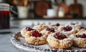 Små syltkakor med sylt i mitten, pudrade med florsocker. Perfekta för ett enkelt syltkakor recept.