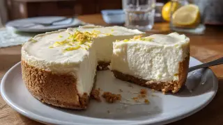 En krämig frozen cheesecake med citronskal på toppen, en bit är uppskuren.