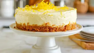 En krämig citron cheesecake med krispig botten och citronskal som dekoration. Perfekt för en somrig fika.