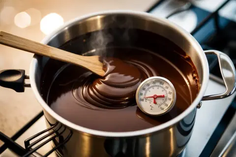 Smält choklad i kastrull med termometer. En träsked rör om den blanka, flytande chokladen. Perfekt för att temperera choklad.