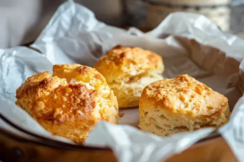 Tre gyllene scones i en korg, bakade till perfektion i en stekpanna. Ljuvligt fluffiga och redo att avnjutas.