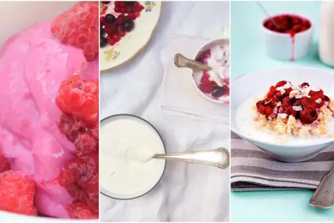 Tre bilder visar fil yoghurt med bär och flingor. En rosa fil yoghurt med hallon, en skål med fil yoghurt och bär, samt en skål med gröt, fil yoghurt, hallon och kokosflingor.