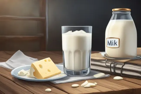 En glas filmjölk, en flaska mjölk och en bit ost på ett bord. Frågan "hur länge håller filmjölk" kan besvaras genom att titta på hållbarhetsdatumet.