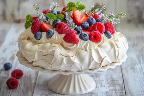 En vacker pavlova tårta med vispgrädde och färska bär som jordgubbar och hallon, dekorerad med mynta och små blommor.