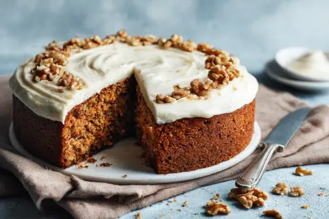 Saftig morotskaka med krämig frosting och valnötter. Undrar du hur länge håller morotskaka i kylen? Denna ser god ut!