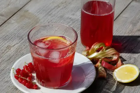 Ett glas med röd saft, is och citron, bredvid en flaska saft, röda vinbär och rabarber. Perfekt för att koka saft.