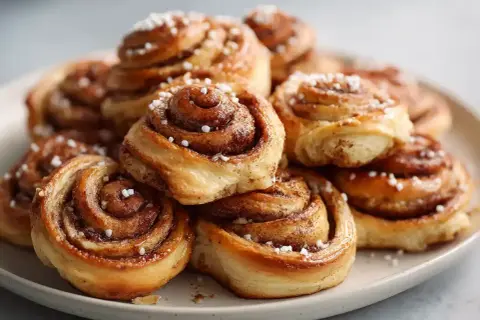 En hög med gyllene, glutenfria kanelbullar toppade med pärlsocker. Perfekt för fikat!