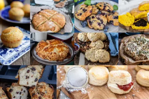 En härlig samling av scones och tillbehör, från klassiska blåbärsscones till ostiga varianter och söta muffins. Perfekt för fikat!
