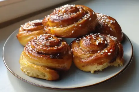 Färska kanelbullar med pärlsocker, redo att avnjutas. Ett perfekt kanelbullar recept för fika.