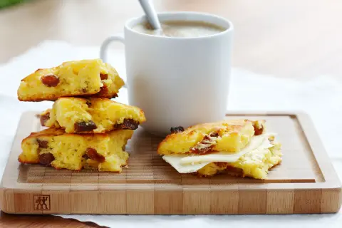 Scones med mjölk och russin, en perfekt fika. En scone är uppdelad och fylld med ost.