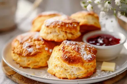 Nybakade scones utan mjölk, pudrade med florsocker, serveras med sylt och smör. En perfekt fika!