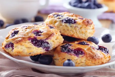 Färska blåbärsscones med smält smör, redo att avnjutas.