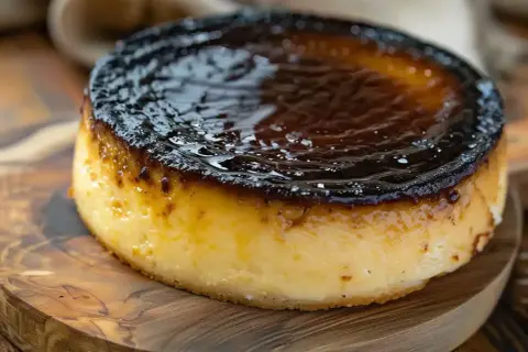 En krämig basque cheesecake med karamelliserad yta, serverad på en träskärbräda.