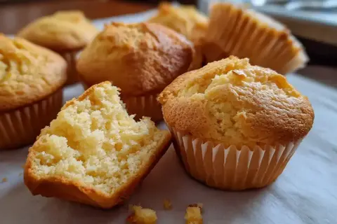 Nybakade, gyllene glutenfria muffins i pappersformar. En muffin är uppdelad och visar en fluffig insida.