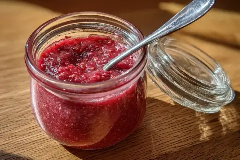 En burk med hemgjord jordgubbssylt, perfekt för ditt nästa jordgubbssylt recept. En sked vilar i sylten.