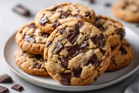 En hög med hembakade chocolate chip cookies, perfekta för ett enkelt recept.