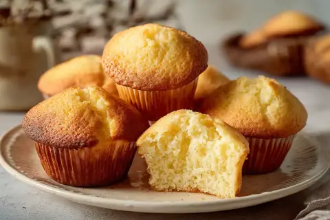 En hög med fluffiga muffins, perfekta att baka med bakpulver. En muffin är delad och visar en mjuk insida.