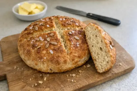 Nybakad, gyllene brödlimpa med solrosfrön och flingsalt, perfekt för frukost eller fika. Detta bröd är bakat utan jäsmedel.
