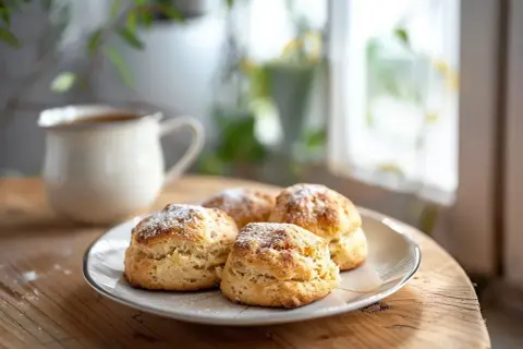 Färska scones med lite florsocker på, serverade på en tallrik bredvid en mjölkkanna med kaffe. En mysig fika.