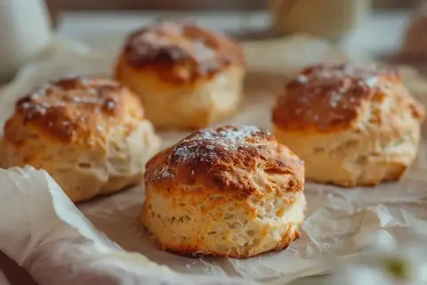 Färska scones rågsikt, pudrade med florsocker, ligger på bakplåtspapper. Perfekta för en mysig fika.