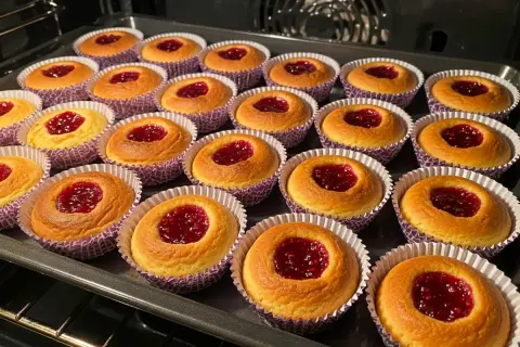 Nybakade hallongrottor med sylt i mitten, redo att avnjutas. Ett perfekt hallongrottor recept för fikat.