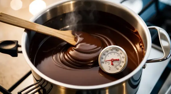 Smält choklad i kastrull med termometer. En träsked rör om den blanka, flytande chokladen. Perfekt för att temperera choklad.