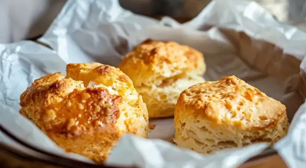 Tre gyllene scones i en korg, bakade till perfektion i en stekpanna. Ljuvligt fluffiga och redo att avnjutas.