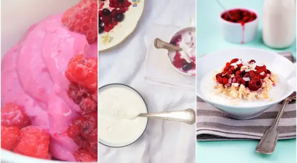 Tre bilder visar fil yoghurt med bär och flingor. En rosa fil yoghurt med hallon, en skål med fil yoghurt och bär, samt en skål med gröt, fil yoghurt, hallon och kokosflingor.